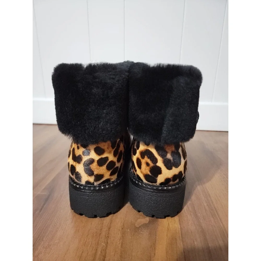 J. Crew Nordic Boots Womens 8 Leopard NEW Haircalf Sheep Fur Lining Lug Sole